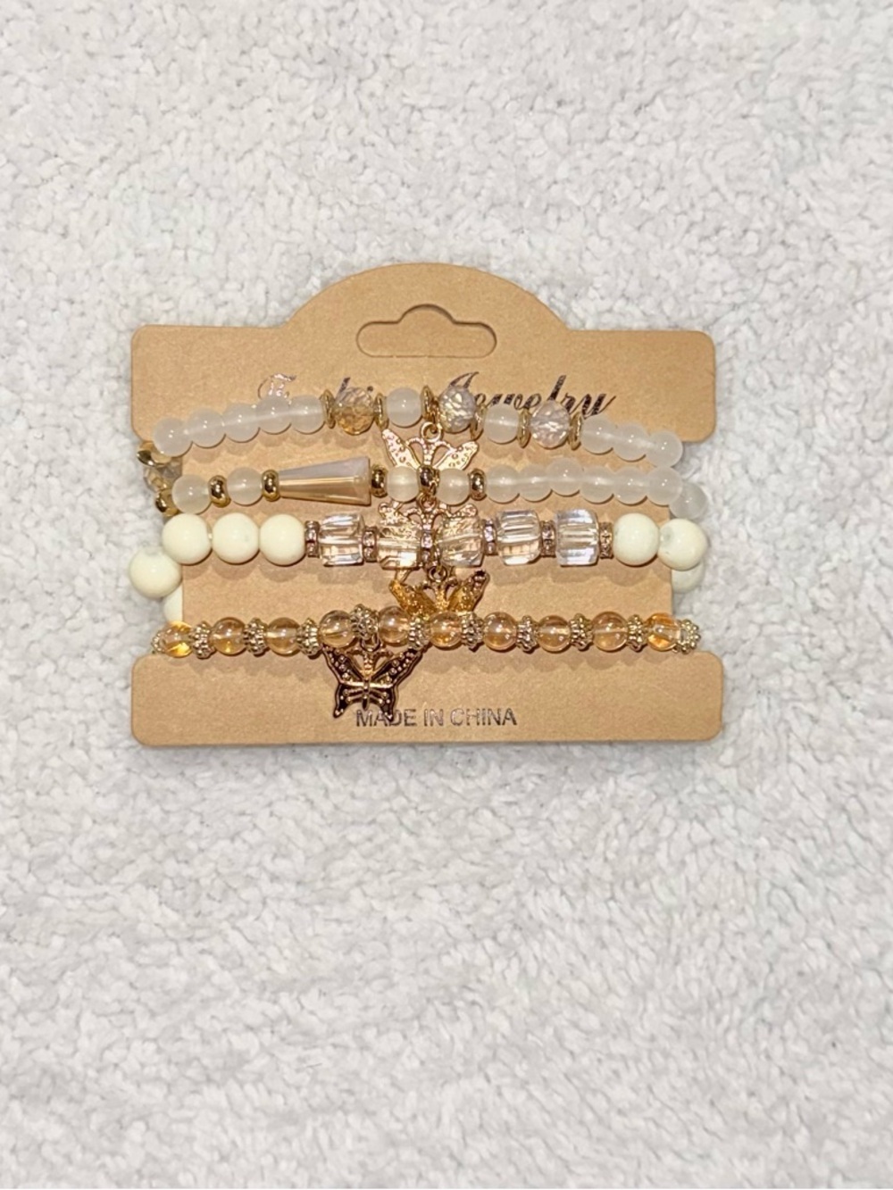 Boho Gold Butterfly Charm Beaded Bracelet Set Stack Cream Amber 4PC Stretch New - Picture 6 of 12